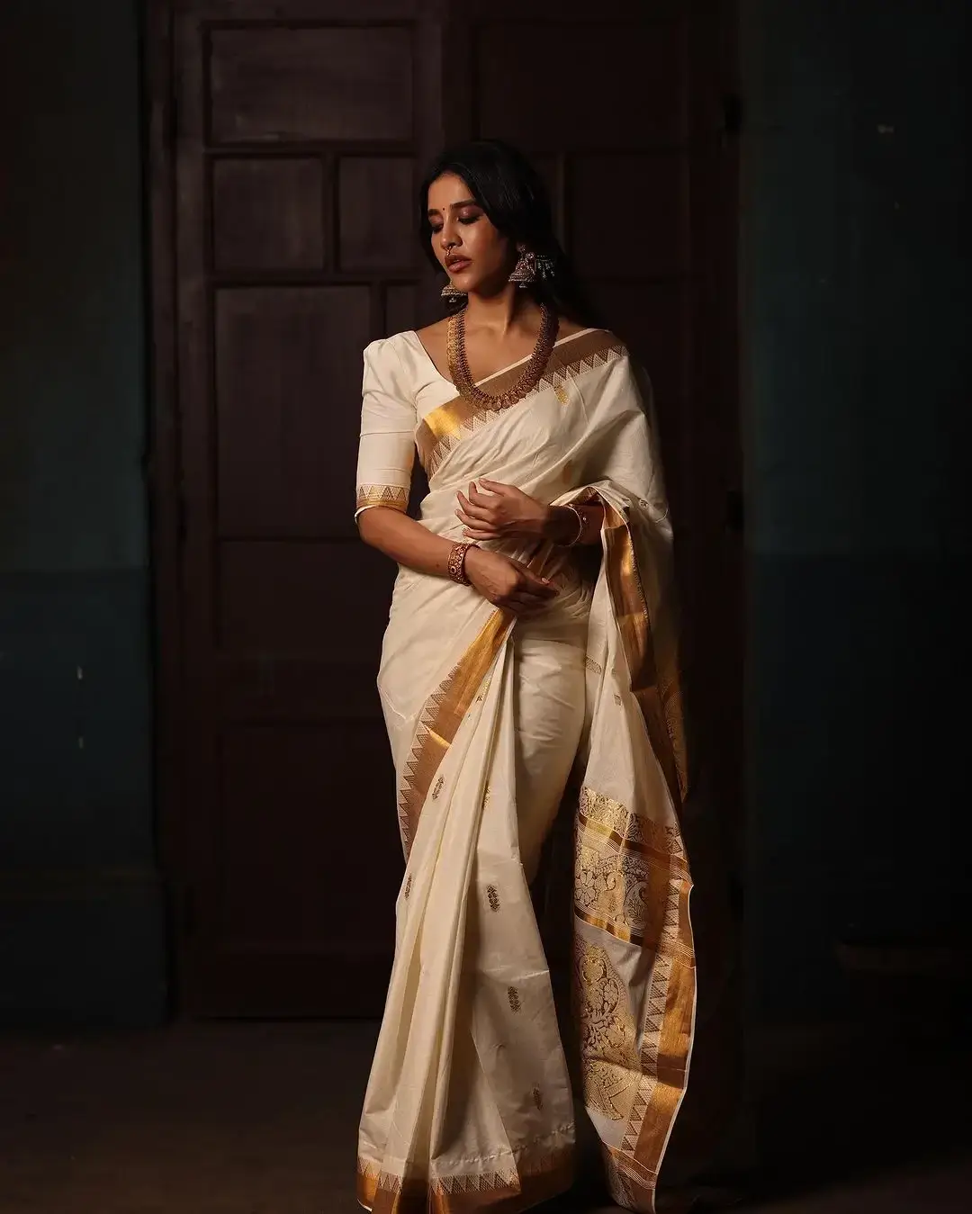 Indian Actress Nabha Natesh in Onam Special White Saree